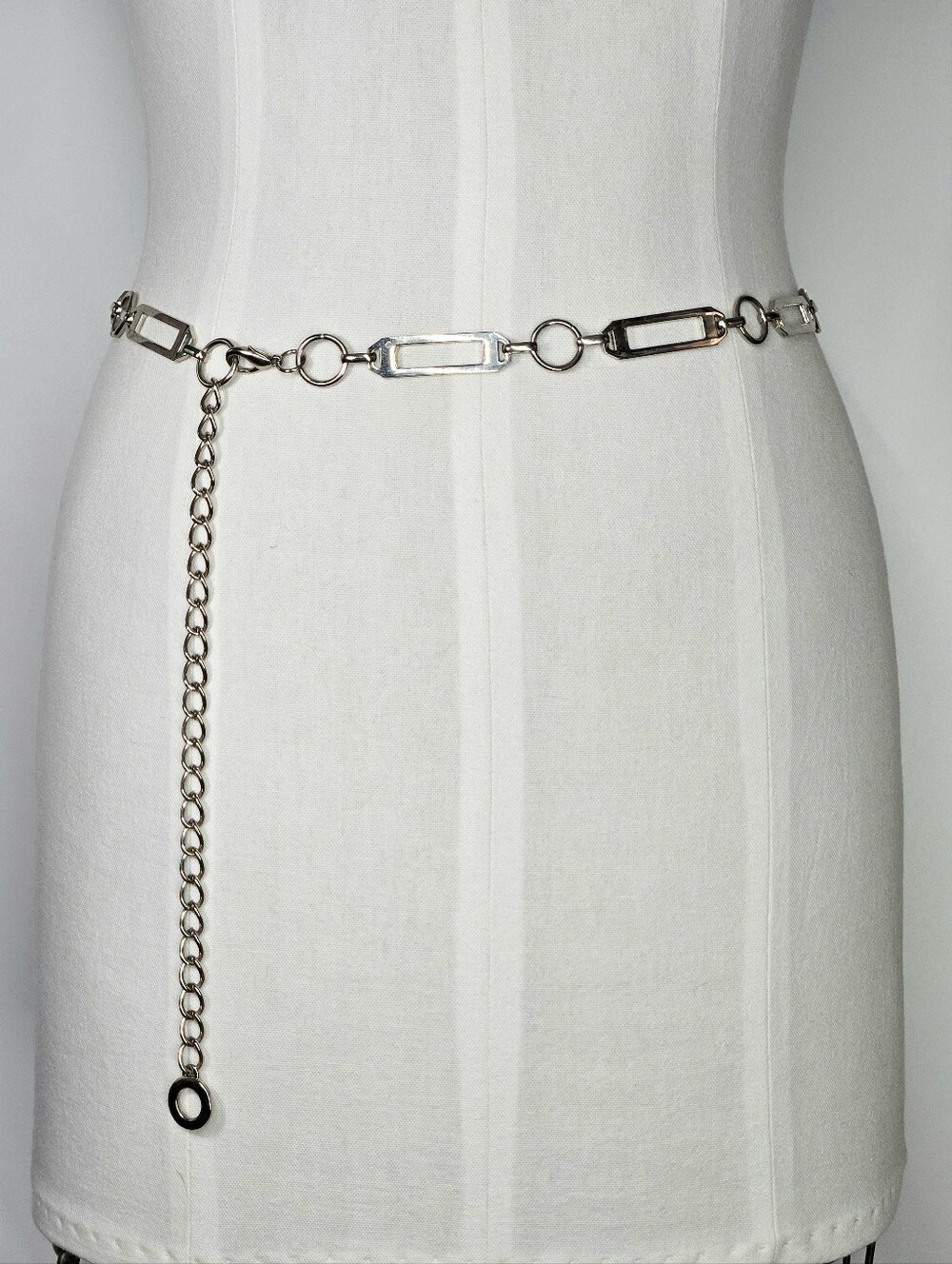 Chain Belt 30-40" S/M Vintage Silver Geometric Adjustable Square Round Boho Goth